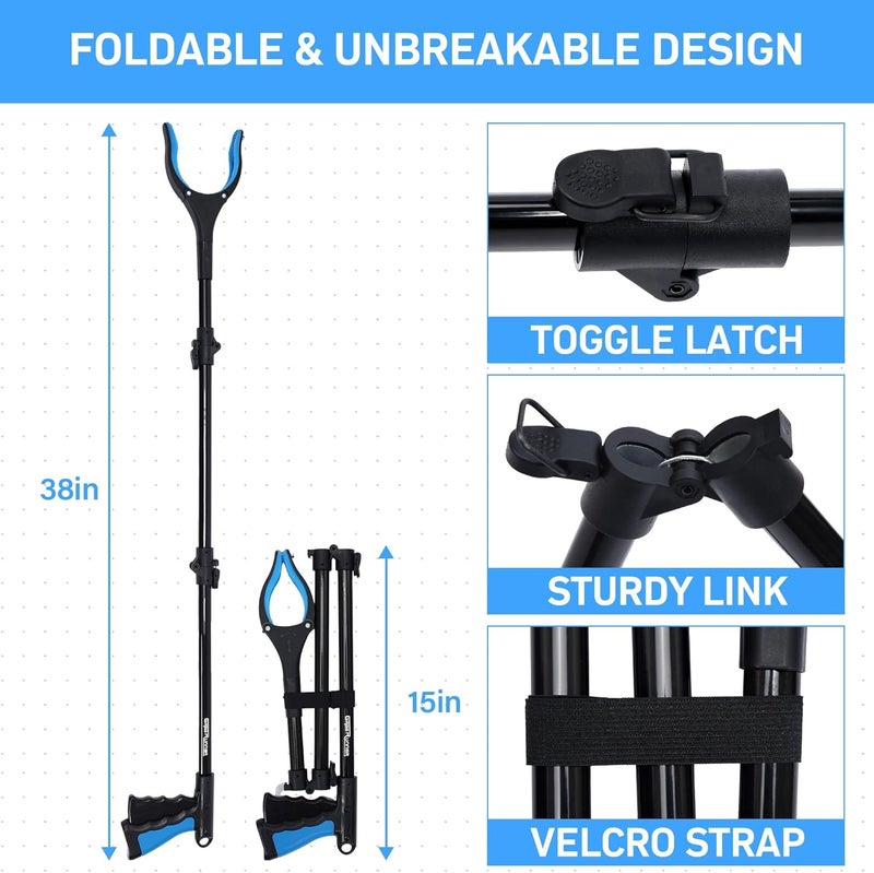 GrabRunner 38" Extra Long Grabber Reacher Tool – 2 Pack Foldable Reacher Grabber Pickup Tools with 360° Rotating Jaw & Magnet - Heavy Duty Pick Up Grabbers for Seniors, Trash, Surgery Recovery (Blue Blue) - Image 2
